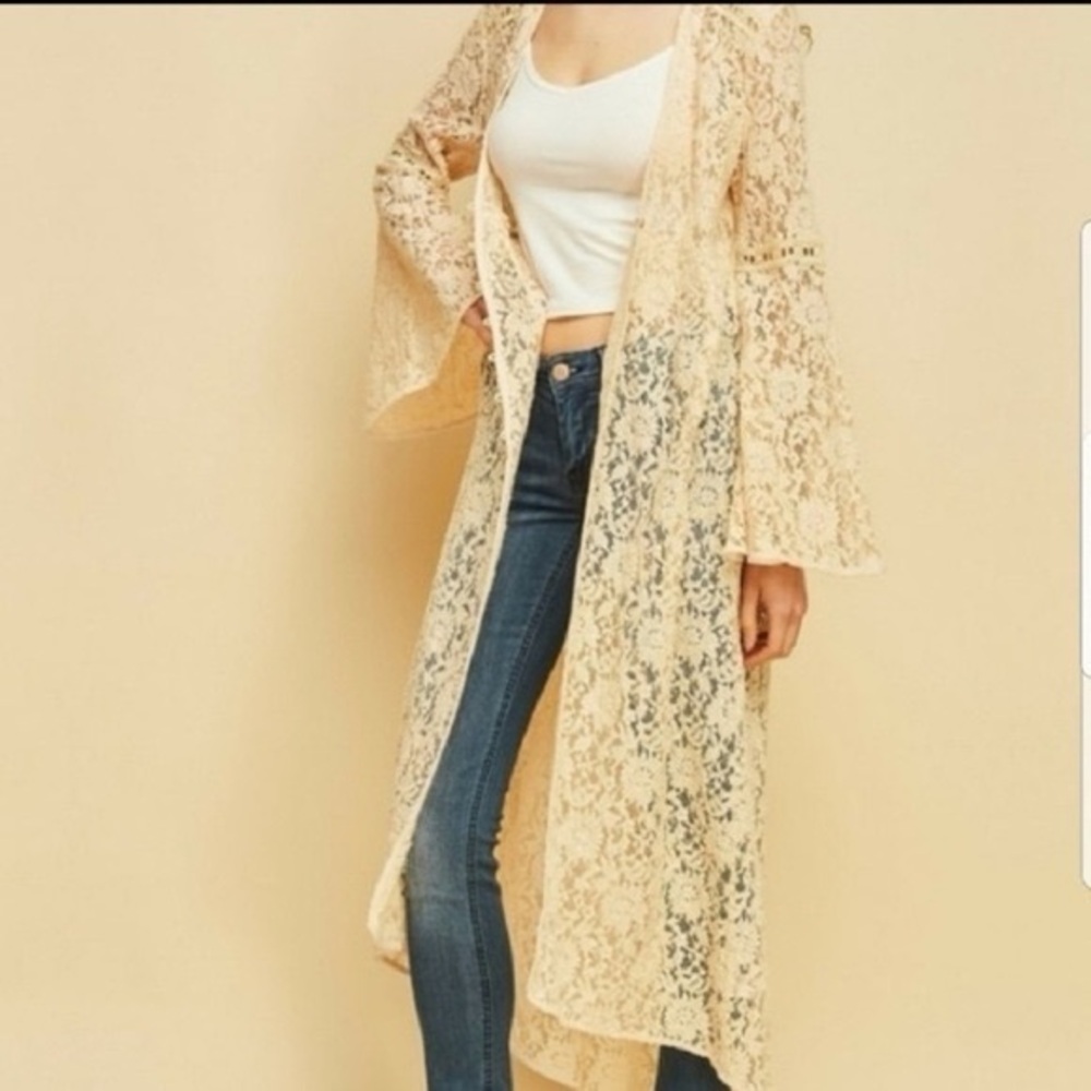 ENTRO Lace Bell Sleeves Button Front Long Lace Cover Up Jacket Boho Medium